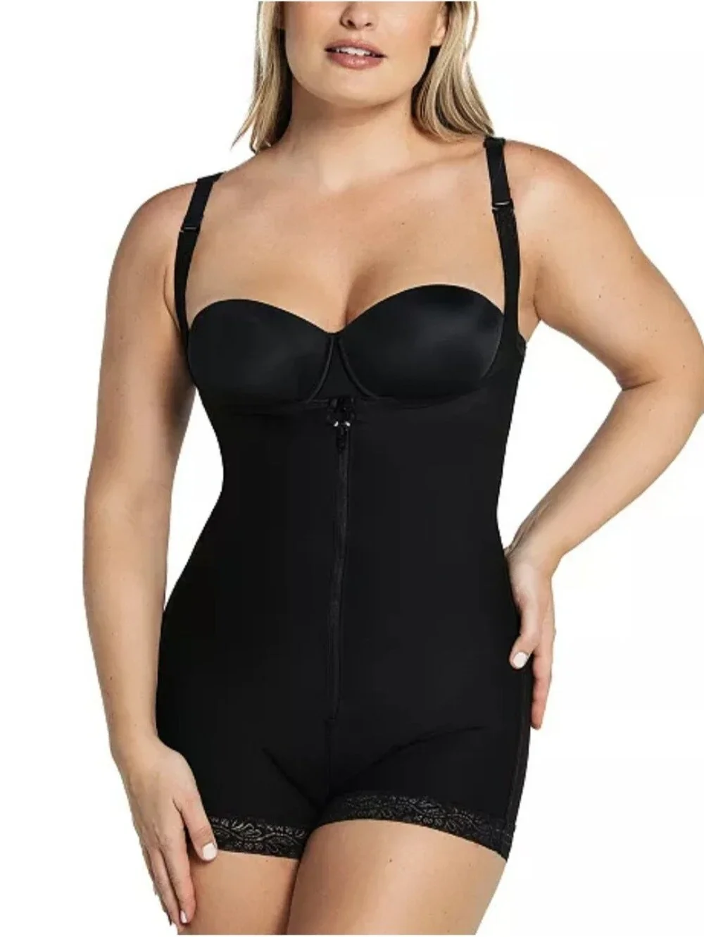 Leonisa Firm Compression Black Sculpting Bodysuit with Adjustable Straps Size L